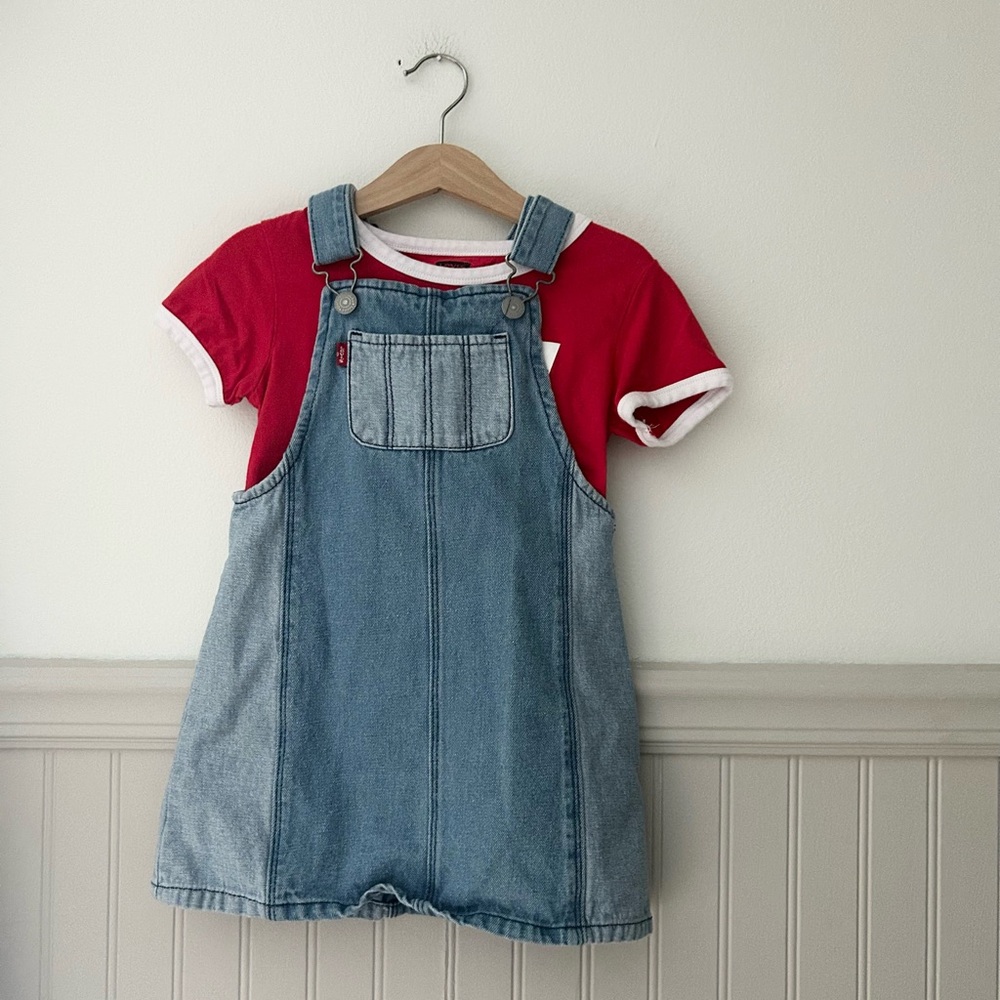 Levi’s Girls Size 4 Red Ringer Tee Denim Jumper Matching Set